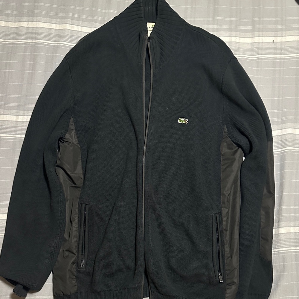 Lacoste Black Full-Zip Knit Jacket with Green Croc